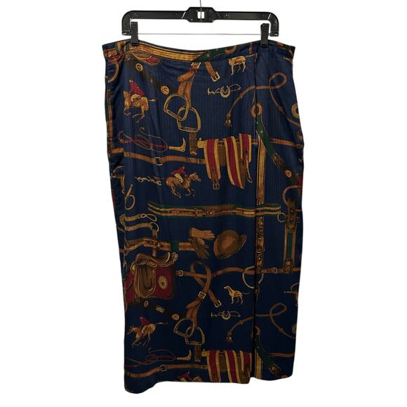 Vintage Pendleton Navy Tan Equestrian Print Back Zip Midi Skirt Womens 16 - Picture 1 of 6